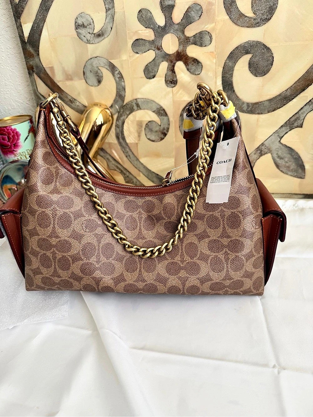Coach Pocket Juliet Bag 30 Signature Tan Caramel Coated Canvas and Leather NWT